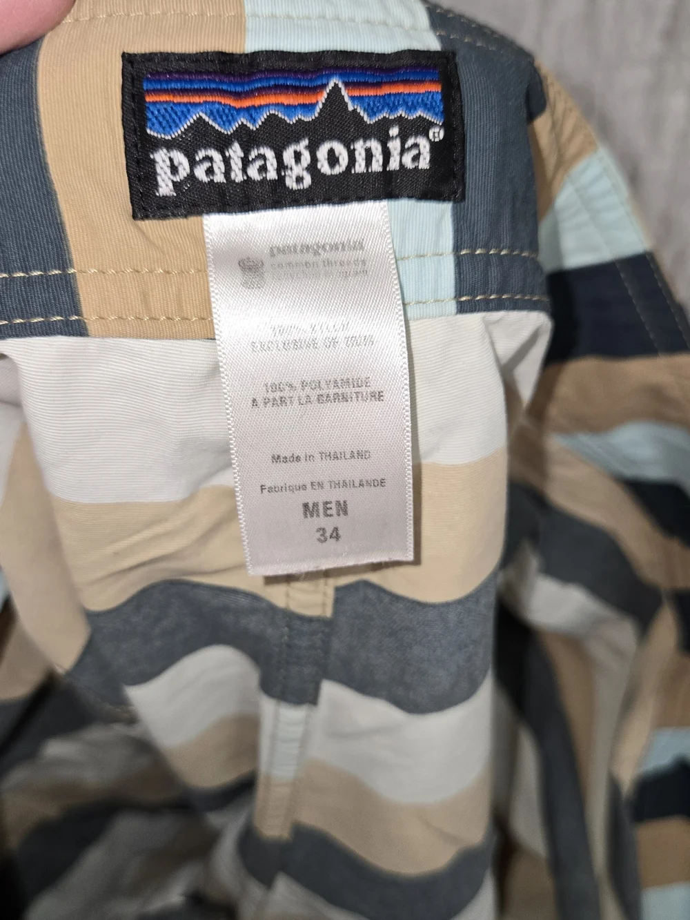 Patagonia Men’s Size 34 Striped Board Shorts in‎ Blue, Beige & White